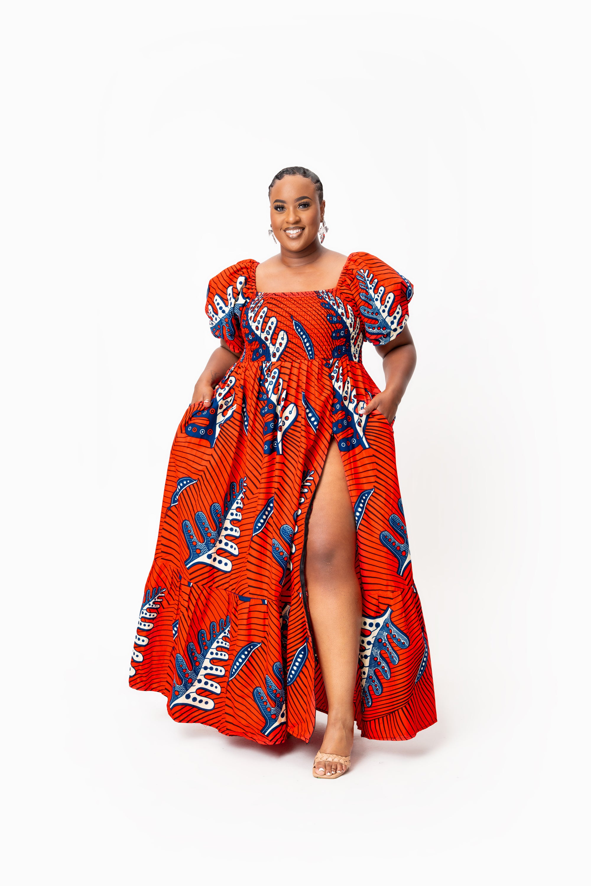 TALIA Smocked Puffy Sleeve African print maxi dress