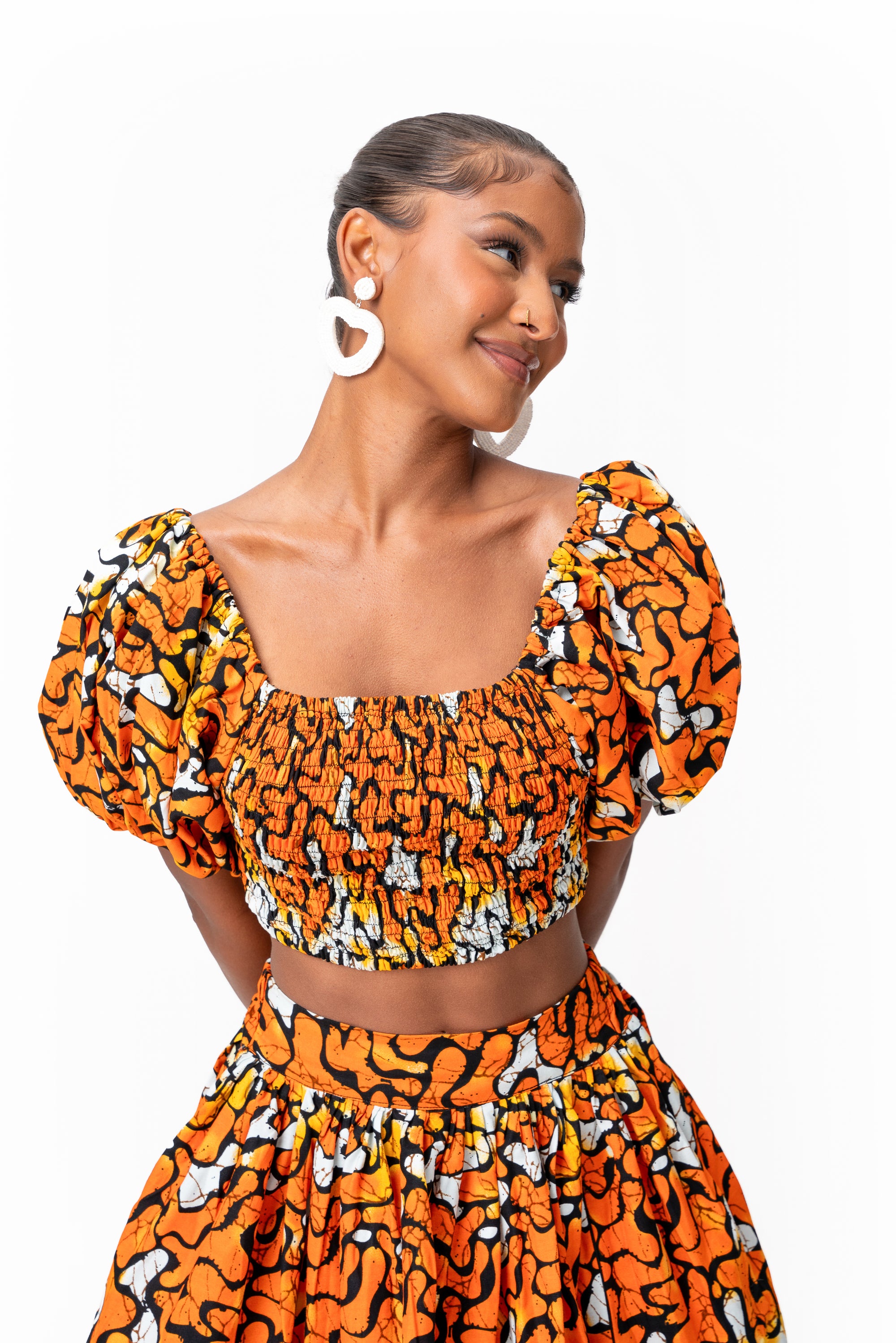 OTTI Smocked Puffy Sleeve African Print Crop Top