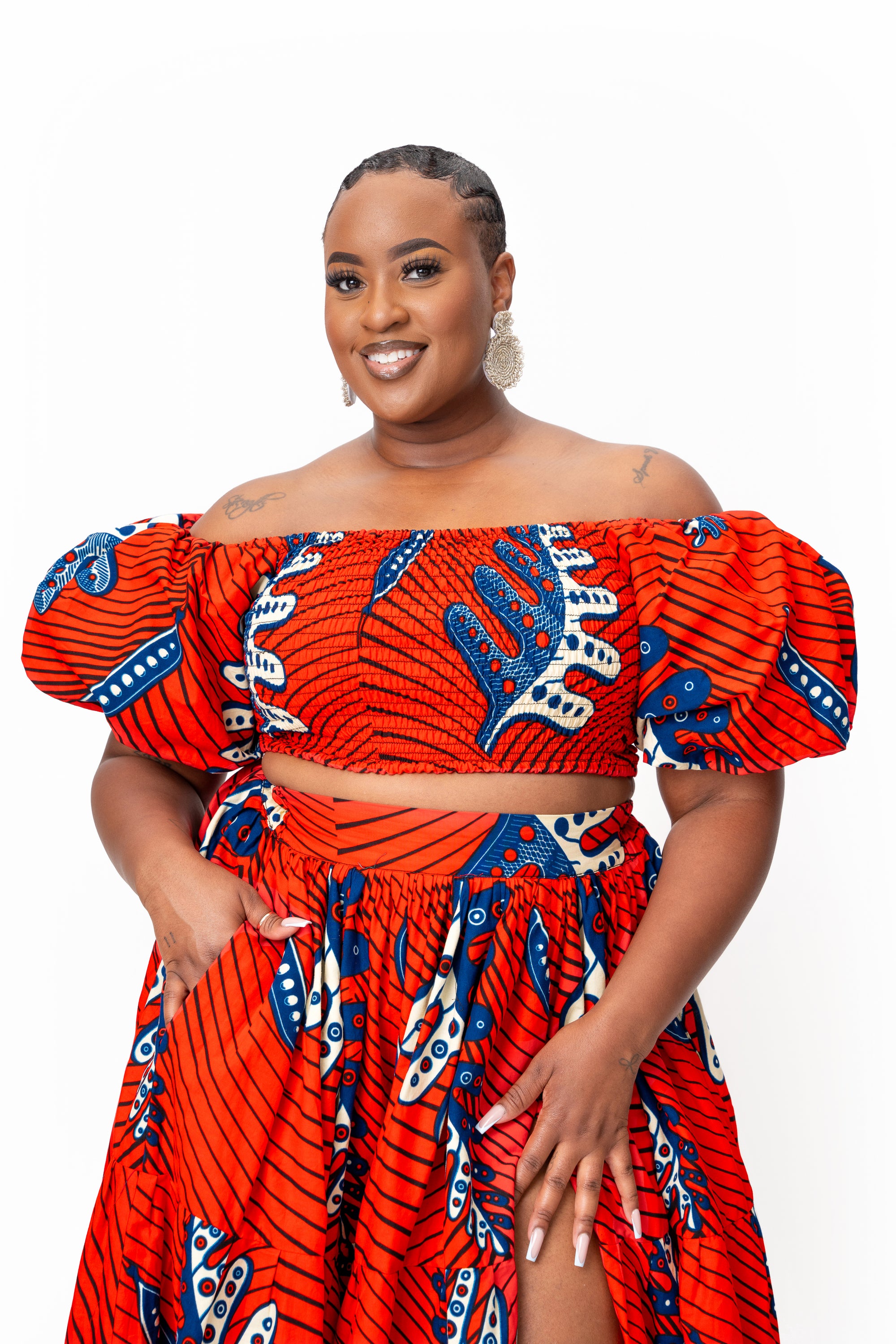 TALIA Smocked Puffy Sleeve African Print Crop Top